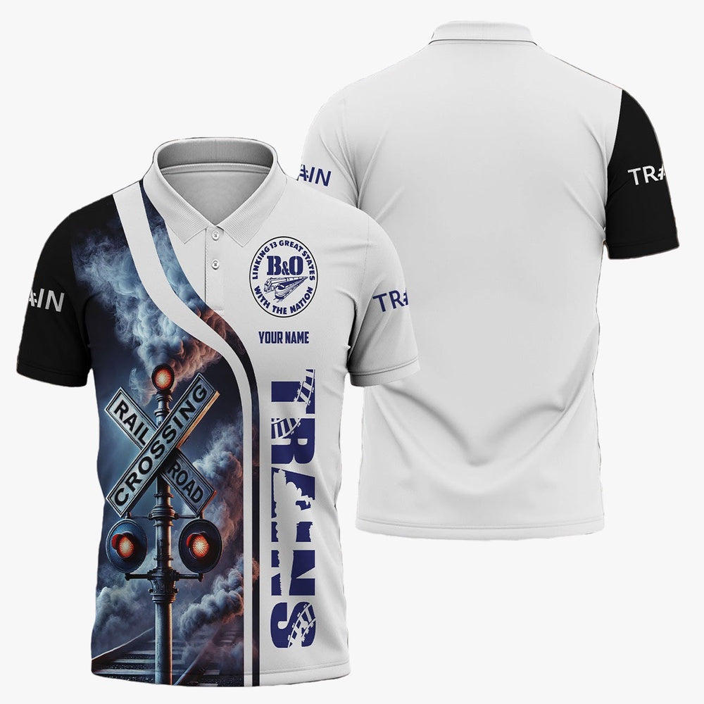 BAndO Great States Railroad Polo Shirt, Crossing Railroad Sign American Locomotive Train