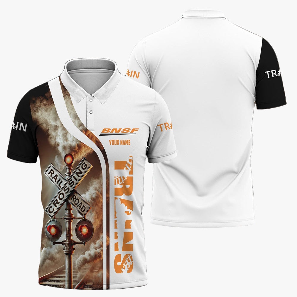 BNSF Railway Polo Shirt, Crossing Railroad Sign American Locomotive Train Polo Shirt