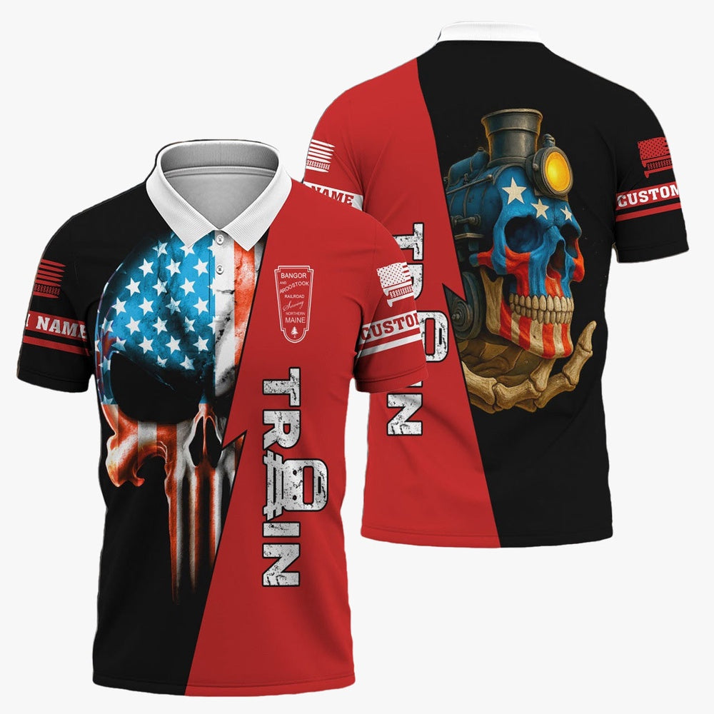 Bangor And Aroostook Railroad Polo Shirt, Train Skull American Flag Polo Shirt