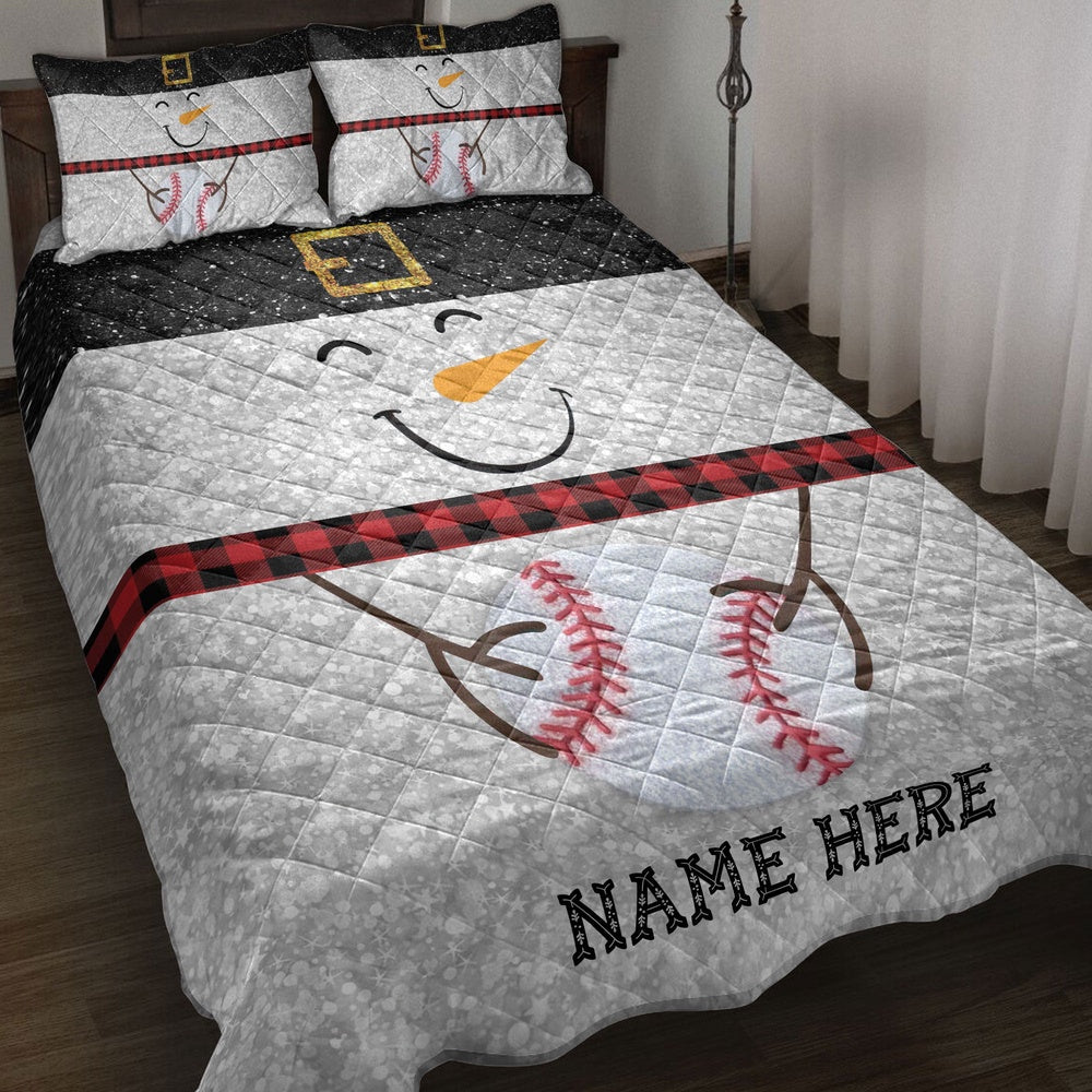 Baseball Quilt Set, Funny Snowman Bringmas Baseball Glitter Buffalo Plaid Quilt Blanket