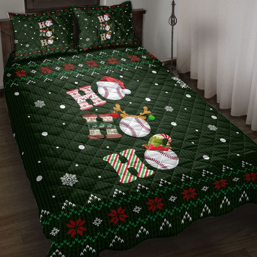Baseball Quilt Set, Ho Ho Ho Baseball Santa Hatmas Snowflake Ugly Quilt Blanket
