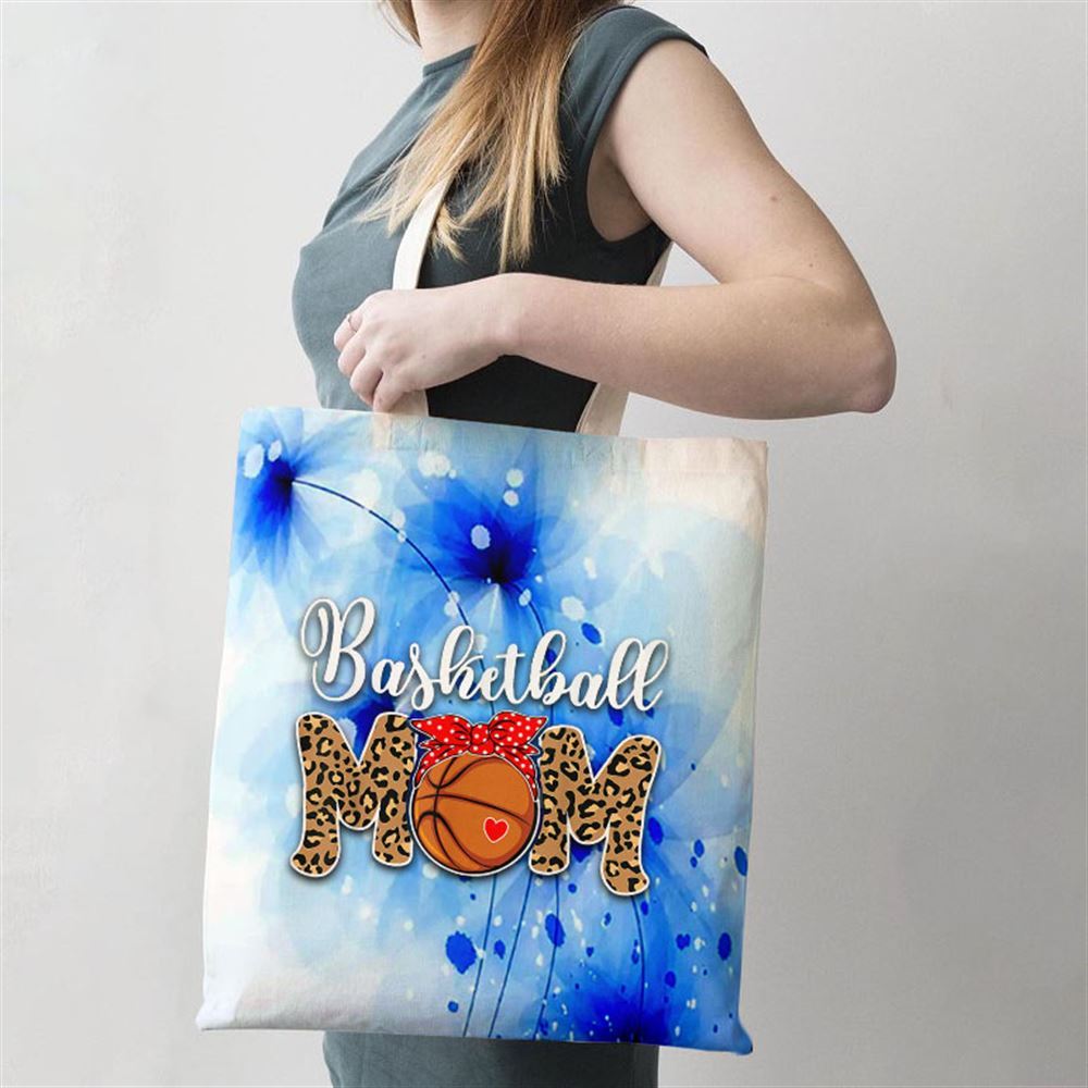 Basketball Mom Leopard Messy Bun Game Day Funny Mothers Day Tote Bag, Women Tote Bag, Canvas Tote Bag, Printed Tote Bag