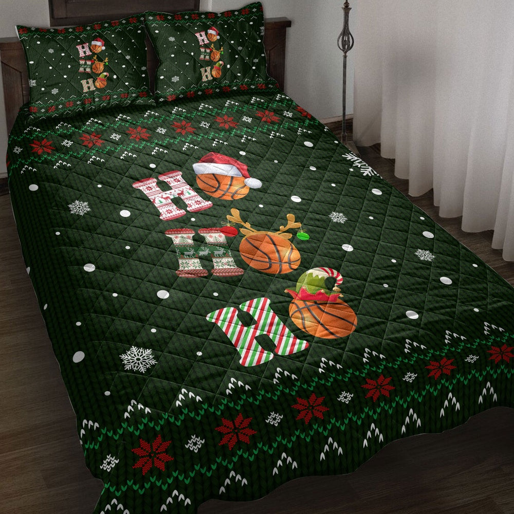 Basketball Quilt Set, Ho Ho Ho Basketball Santa Hatmas Snowflake Ugly Quilt Blanket