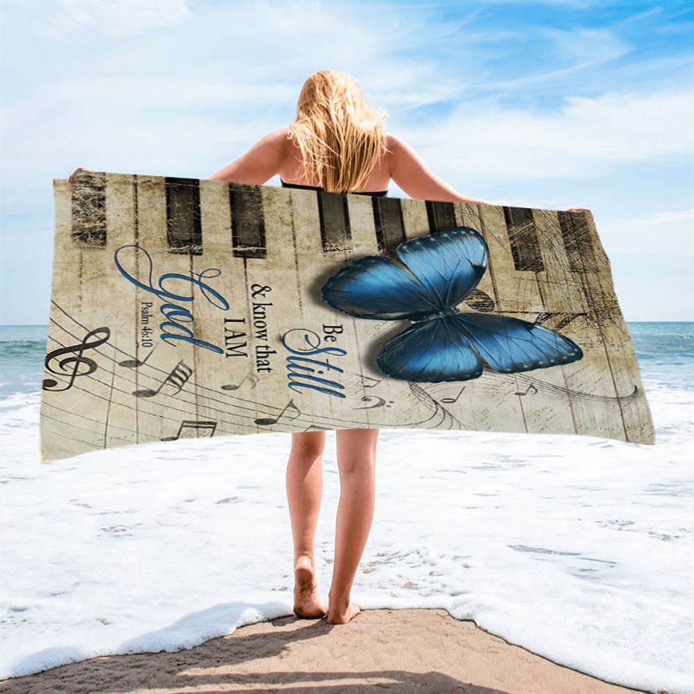 Be Still I Am God Blue Butterfly Piano Keys Beach Towel - Bible Verse Beach Towel - Inspirational Art - Christian Beach Towel