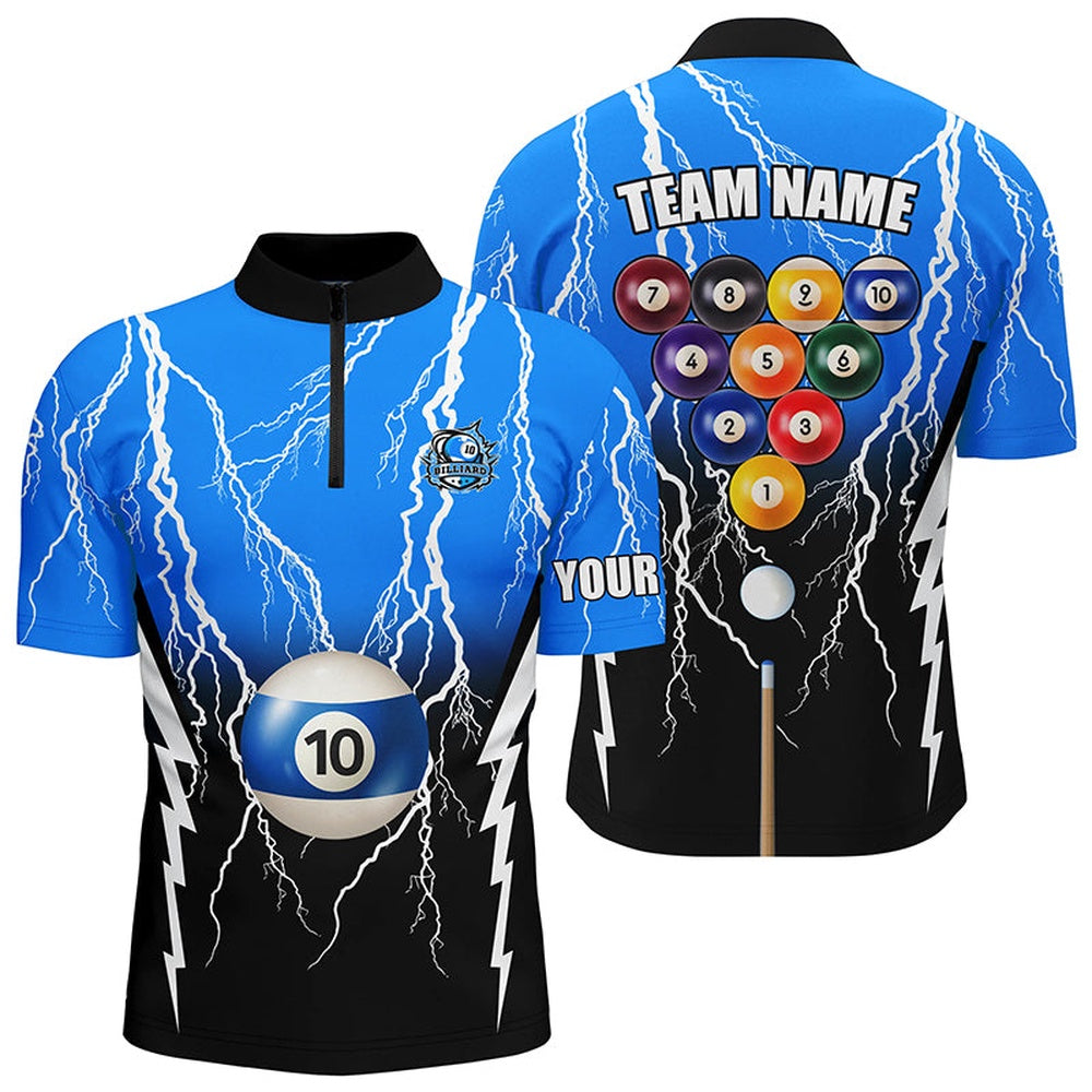 Billiard Polo Shirts, 10 Ball Pool Custom Black Blue Lightning Thunder Polo Shirts, 10 Ball Billiard Apparel Clothing, Billiards Team Shirts