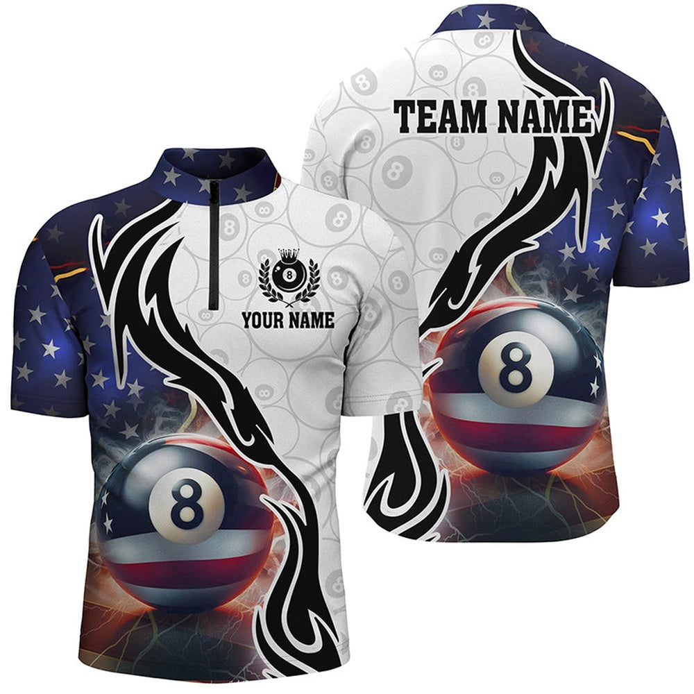 Billiard Polo Shirts, 3D 8 Ball Pool Lightning US Flag Personalized Billiard Shirts, Patriotic Shirts For Pooler, Billiards Team Shirts