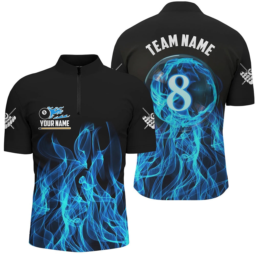 Billiard Polo Shirts, 3D Blue Flaming 8 Ball Pool Magic Billiard Polo Shirts Custom Pool Player Shirts Jersey, Billiards Team Shirts
