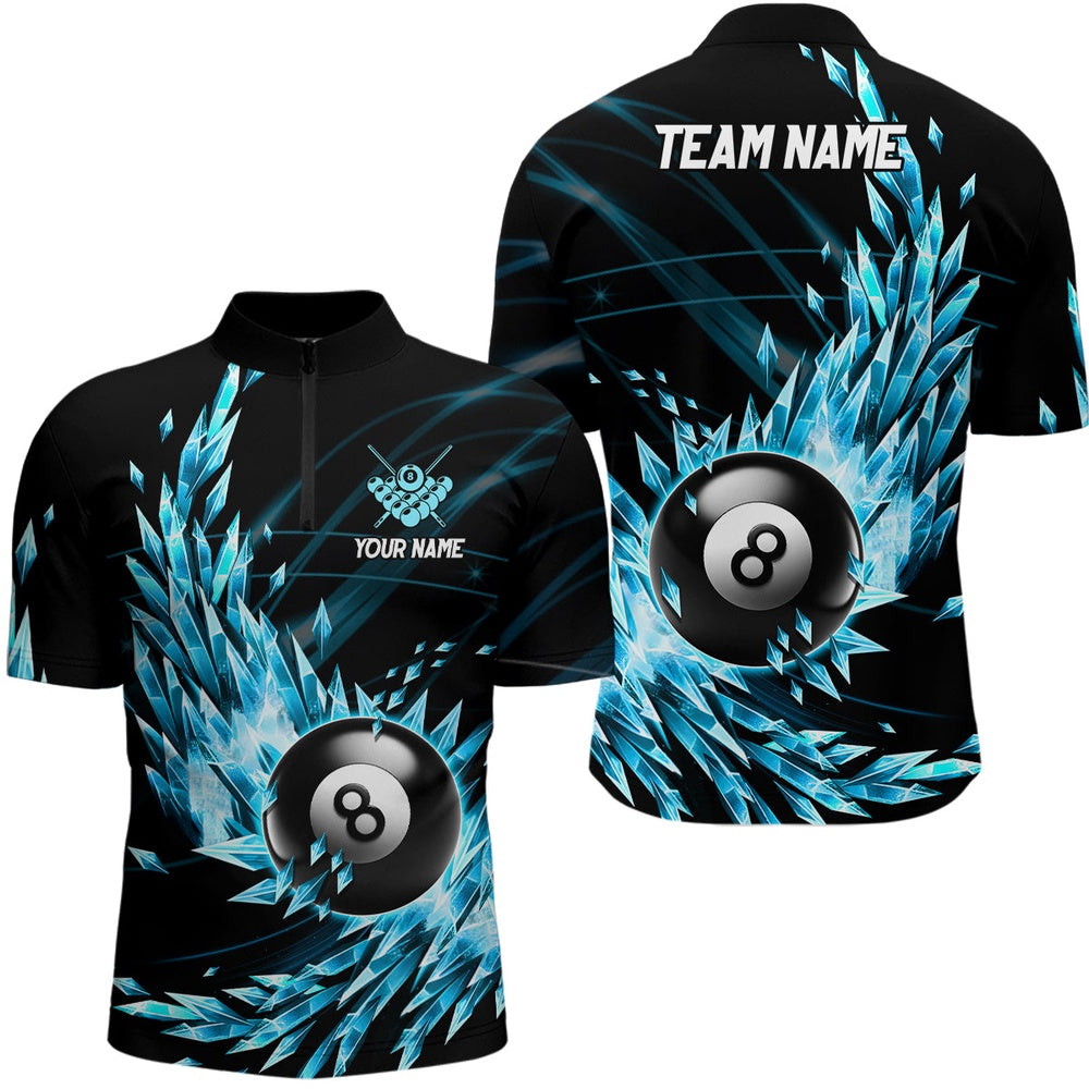 Billiard Polo Shirts, 3D Blue Frozen Ice Billiard Polo Shirts Personalized 8 Ball Pool Billiard Attire Jerseys, Billiards Team Shirts