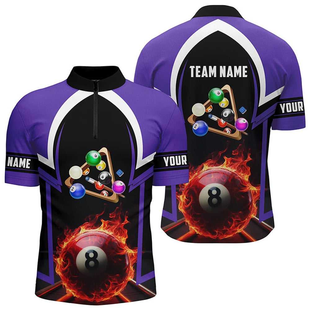Billiard Polo Shirts, 8 Ball Pool Fire 3D Personalized Purple Billiard Jerseys Polo Shirts Custom Pool Team Jerseys, Billiards Team Shirts