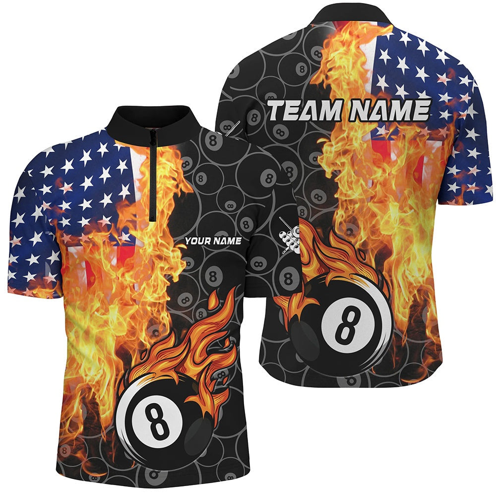 Billiard Polo Shirts, American Flag Fire Flame 8 Ball Billiard Shirts Customized Patriotic Billiard Pool Jerseys, Billiards Team Shirts