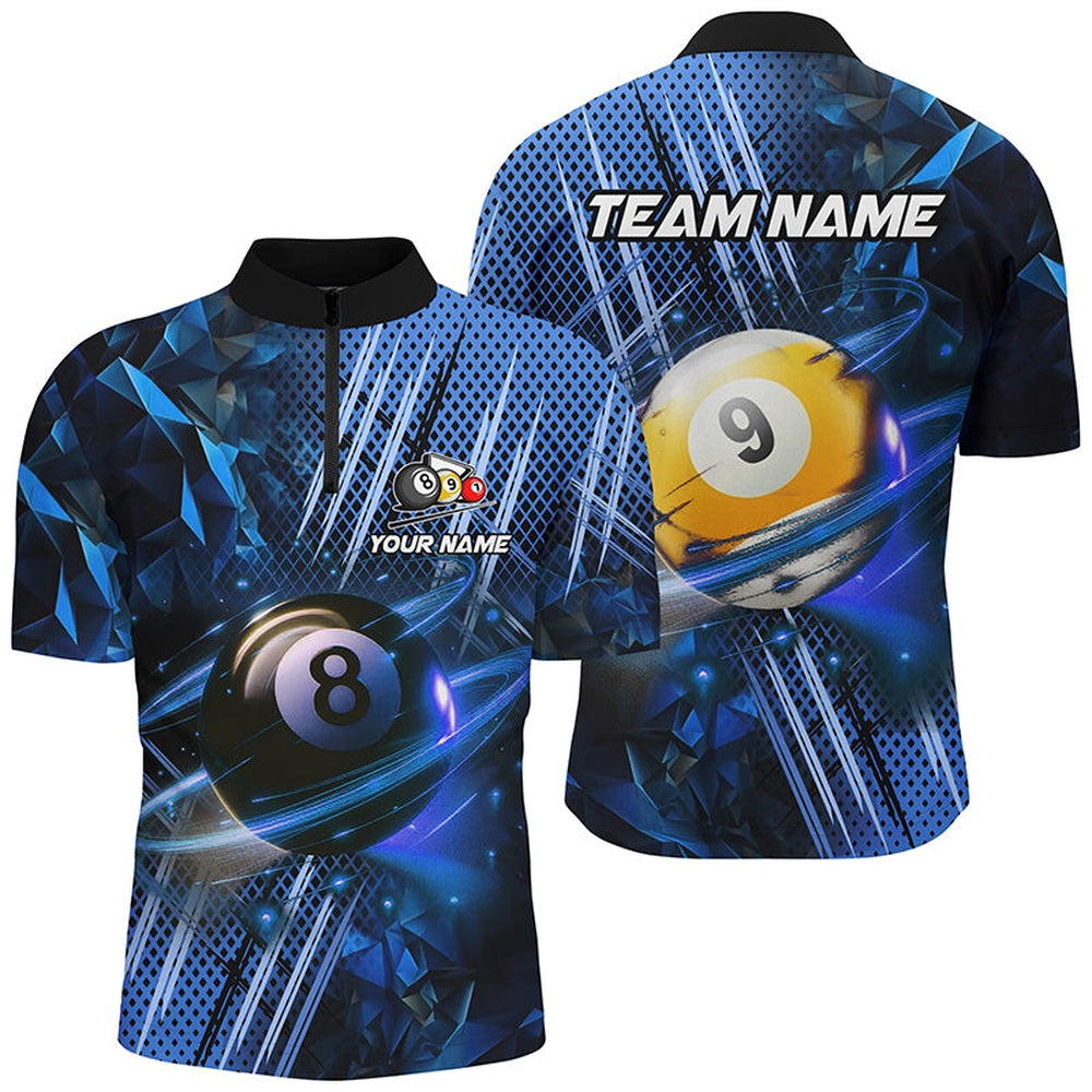 Billiard Polo Shirts, Billiard 8 Ball & 9 Ball Glowing Blue Custom Polo & Polo Shirt, Billiard Apparel Attire, Billiards Team Shirts
