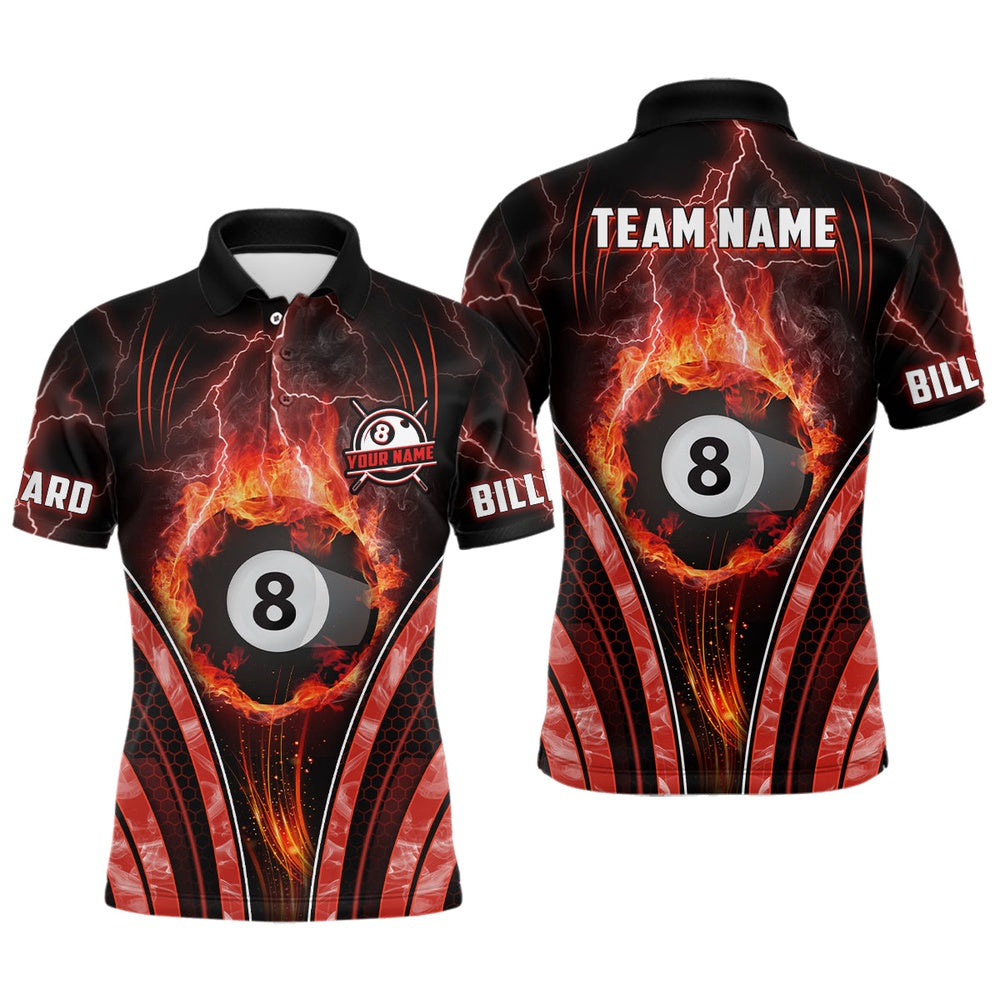 Billiard Polo Shirts, Billiard 8 Ball Flame Thunder Lightning Personalized 3D Polo Shirts Custom Pool Team Jerseys, Billiards Team Shirts