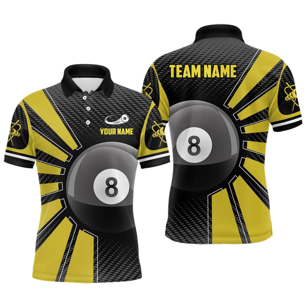 Billiard Polo Shirts, Billiard 8 Ball Yellow Version Personalized Name 3D Polo Shirts Custom Team Pool Shirt, Billiards Team Shirts