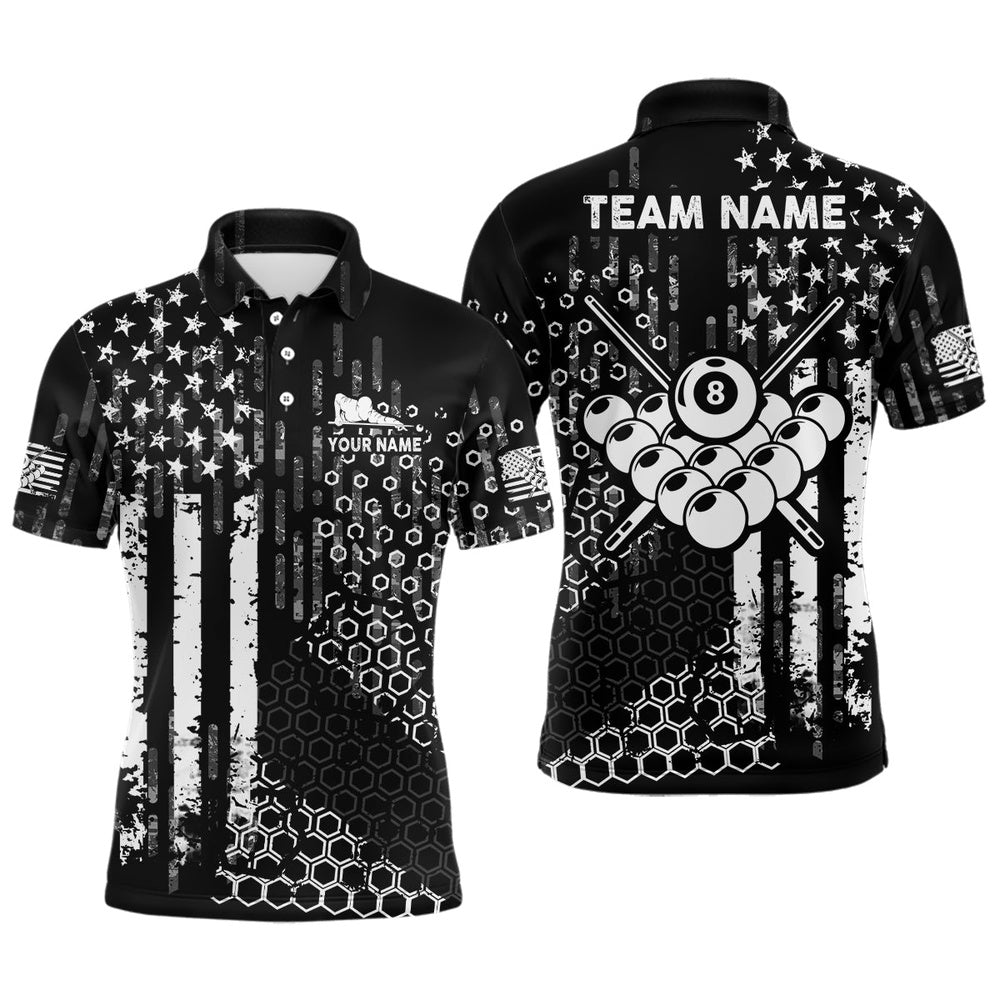 Billiard Polo Shirts, Billiard American Flag Vintage Grunge Personalized Name Full Printing Polo Shirts, Billiards Team Shirts