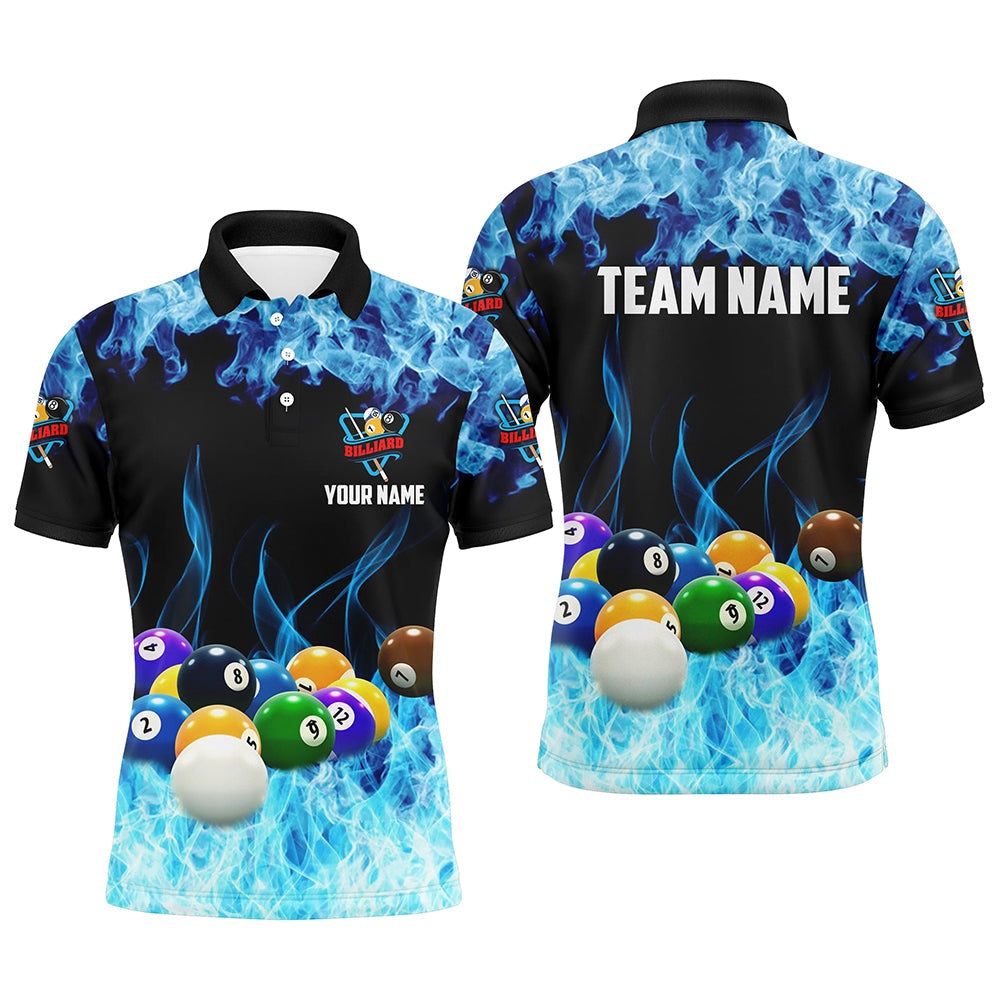 Billiard Polo Shirts, Billiard Balls On Blue Smoke Personalized Name 'S Billiard Shirts Custom Pool Game Polo Shirts, Billiards Team Shirts