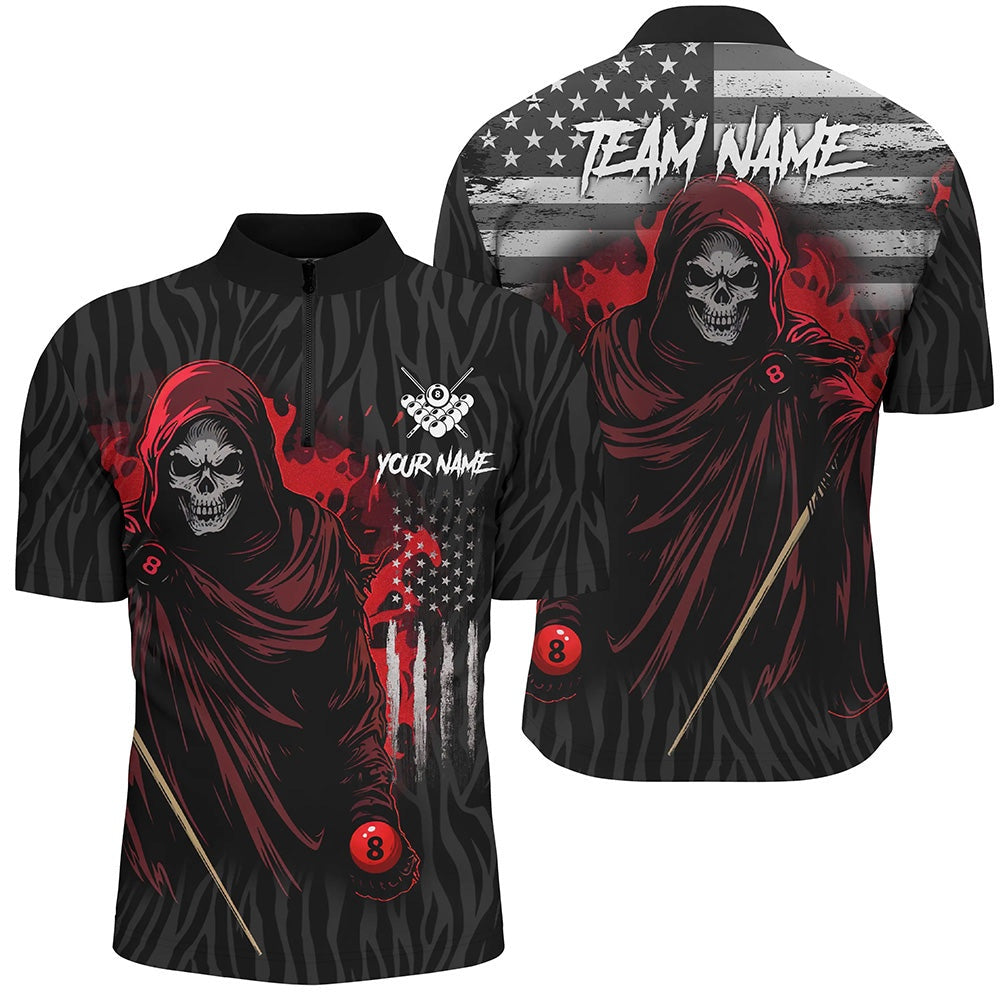Billiard Polo Shirts, Billiard Death Skull Retro Us Flag Polo & Polo Shirts Custom Billiard Jerseys Red, Billiards Team Shirts
