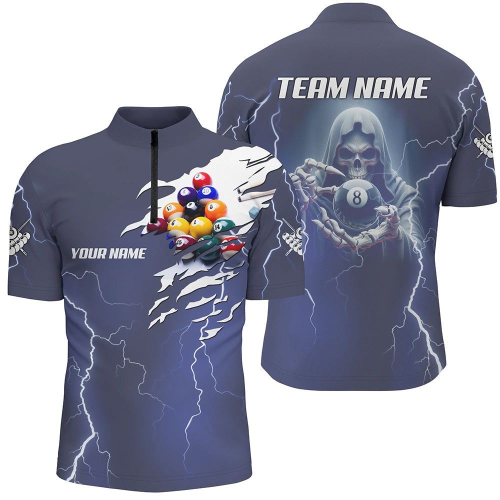 Billiard Polo Shirts, Billiard Skeleton Thunder Lighting Personalized Blue Polo Shirts, Billiards Jerseys Uniform, Billiards Team Shirts