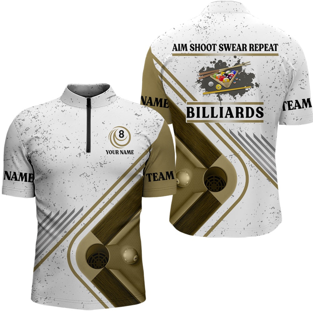 Billiard Polo Shirts, Billiards Aim Shoot Swear Repeat Custom Billiard White Grunge Polo Shirts, Billiards Team Shirts