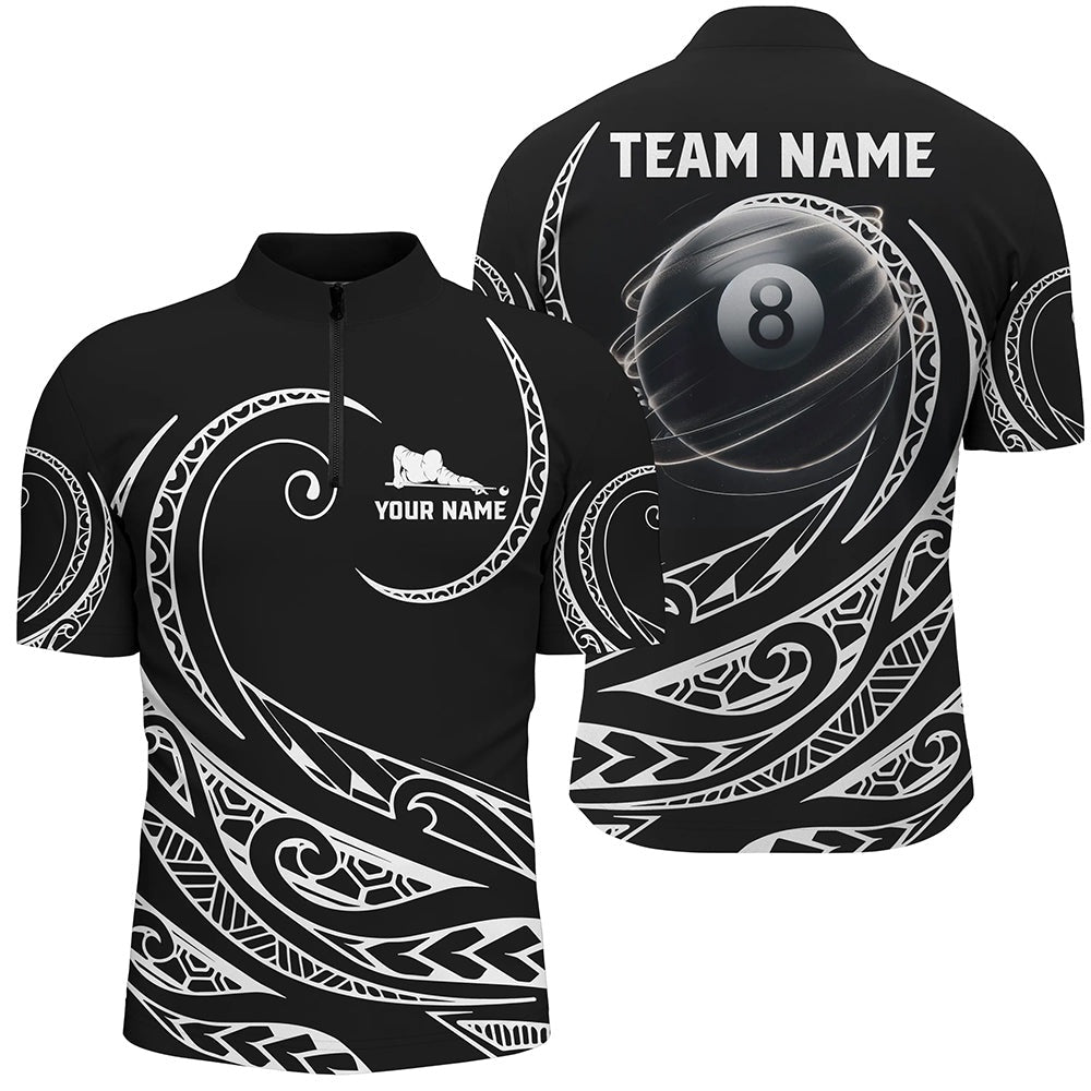 Billiard Polo Shirts, Black White 8 Ball Pool Tribal Pattern Polo Shirts Custom Billiard Pool Jerseys, Billiards Team Shirts