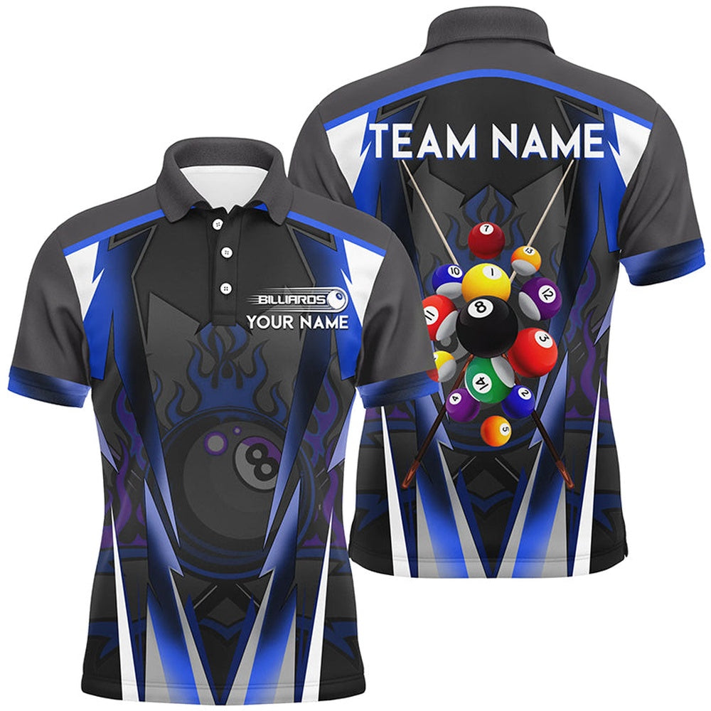 Billiard Polo Shirts, Blue 8 Ball Pool Fire Billiard Balls Polo Shirts Customized Team League Billiard Jersey, Billiards Team Shirts