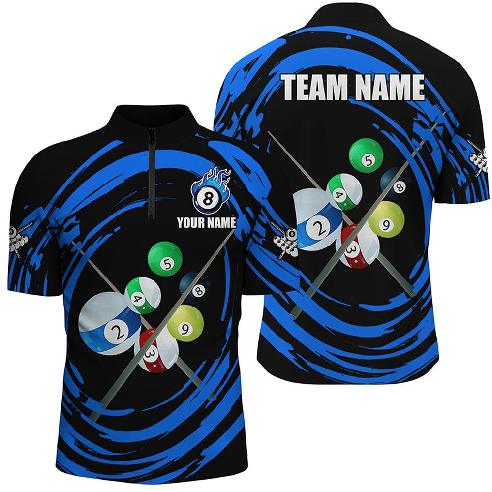 Billiard Polo Shirts, Blue Billiard Balls & Cue Wave Pattern Polo Shirts Custom Billiard Jerseys, Billiards Team Shirts