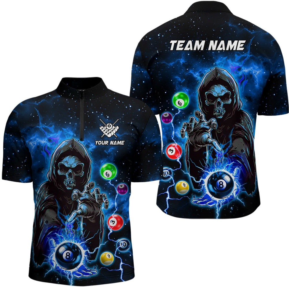 Billiard Polo Shirts, Blue Billiard Death Skeleton Polo & Polo Shirts Customized Team League Billiard Jerseys, Billiards Team Shirts