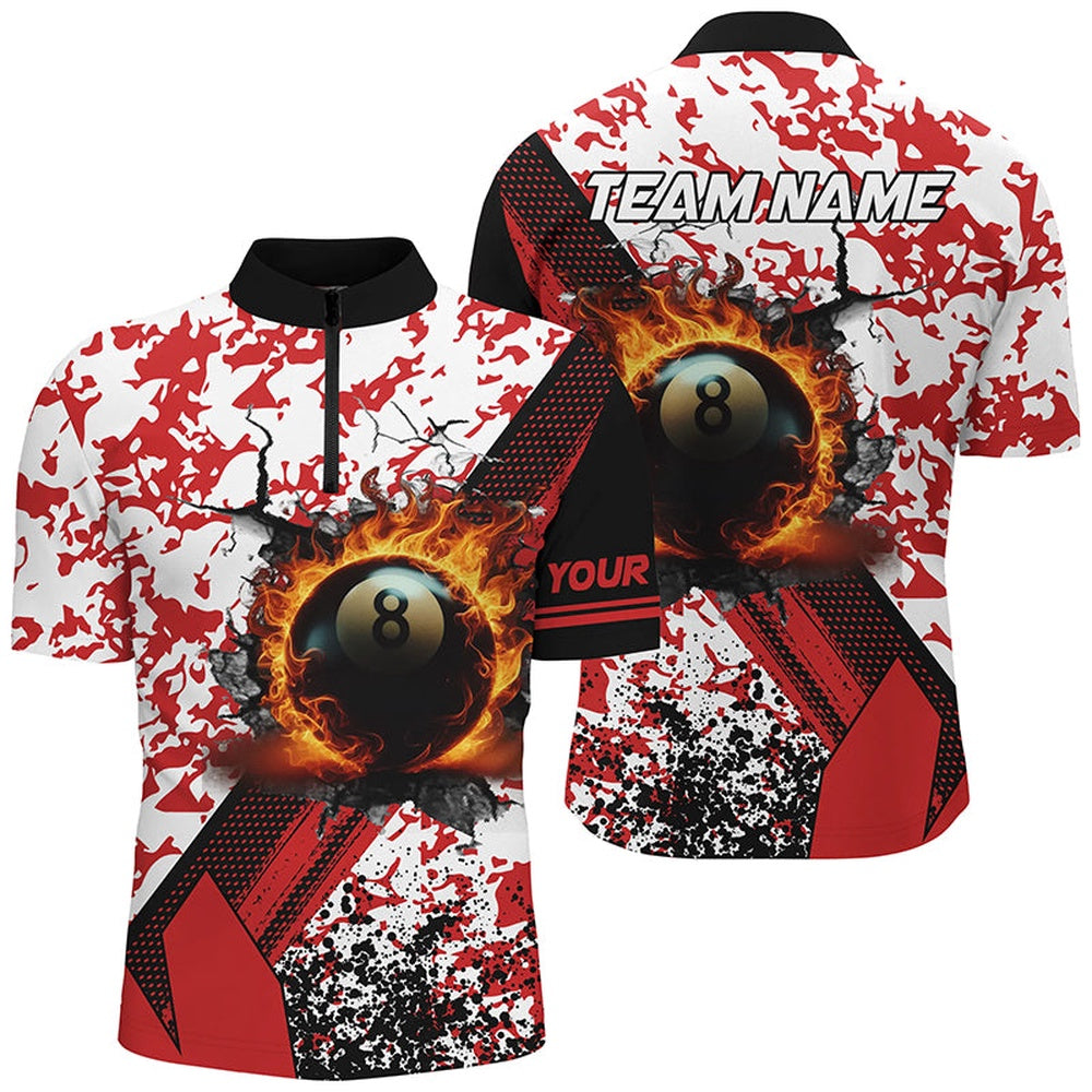 Billiard Polo Shirts, Custom 8 Ball Pool Fire Billiard Shirts, Red Grunge Camo Billiard Shirts Jersey For Team, Billiards Team Shirts