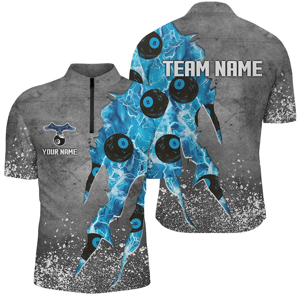 Billiard Polo Shirts, Custom Ball 8 Thunder Lighting Grunge Billiard Shirts Best Billiard Team Jerseyâ Blue, Billiards Team Shirts