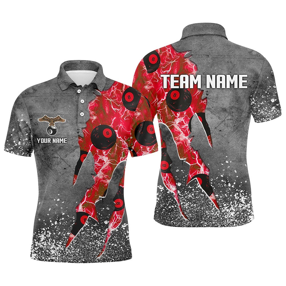 Billiard Polo Shirts, Custom Ball 8 Thunder Lighting Grunge Billiard Shirts Best Billiard Team Jerseyâ Red, Billiards Team Shirts