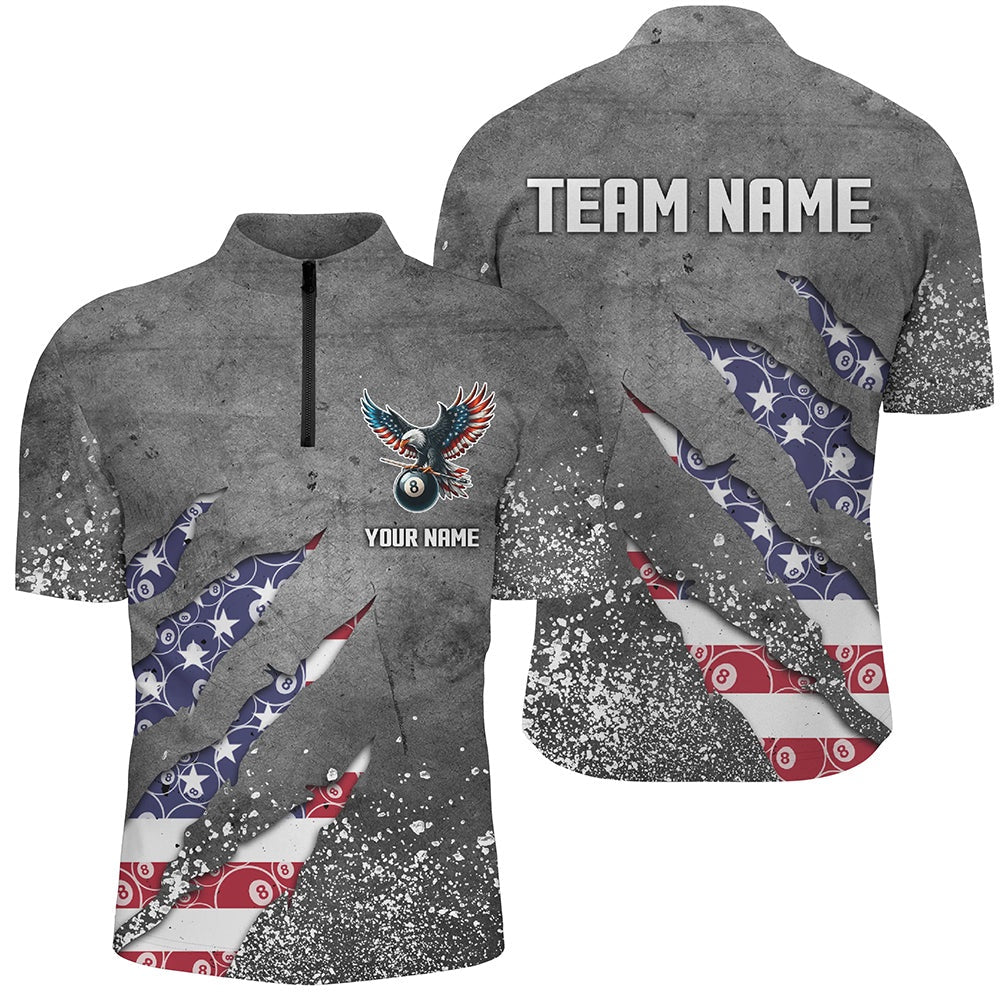 Billiard Polo Shirts, Custom Ball 8 Us Flag Grey Grunge Billiard Polo Shirt Best Billiard Team Jersey, Billiards Team Shirts