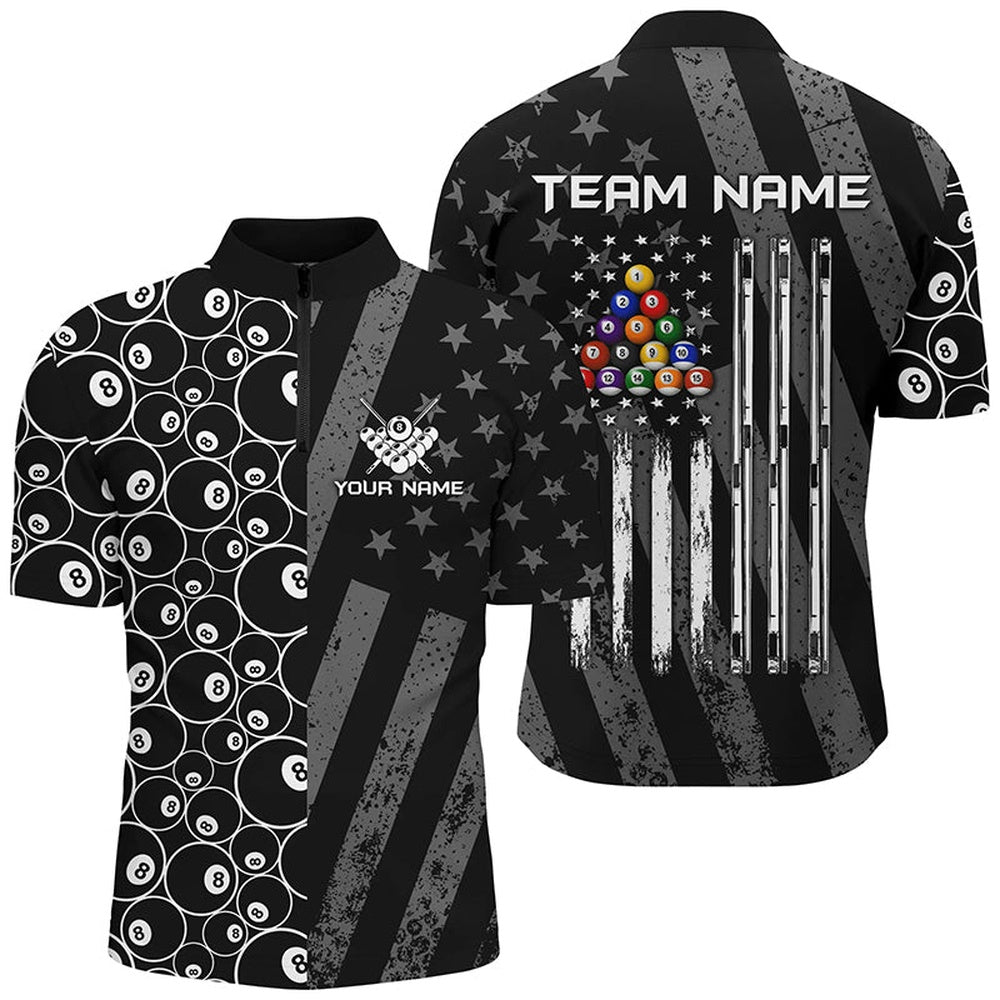 Billiard Polo Shirts, Custom Black Retro US Flag Billiard Polo & Polo Shirts, Patriotic Pool Player Shirts, Billiards Team Shirts