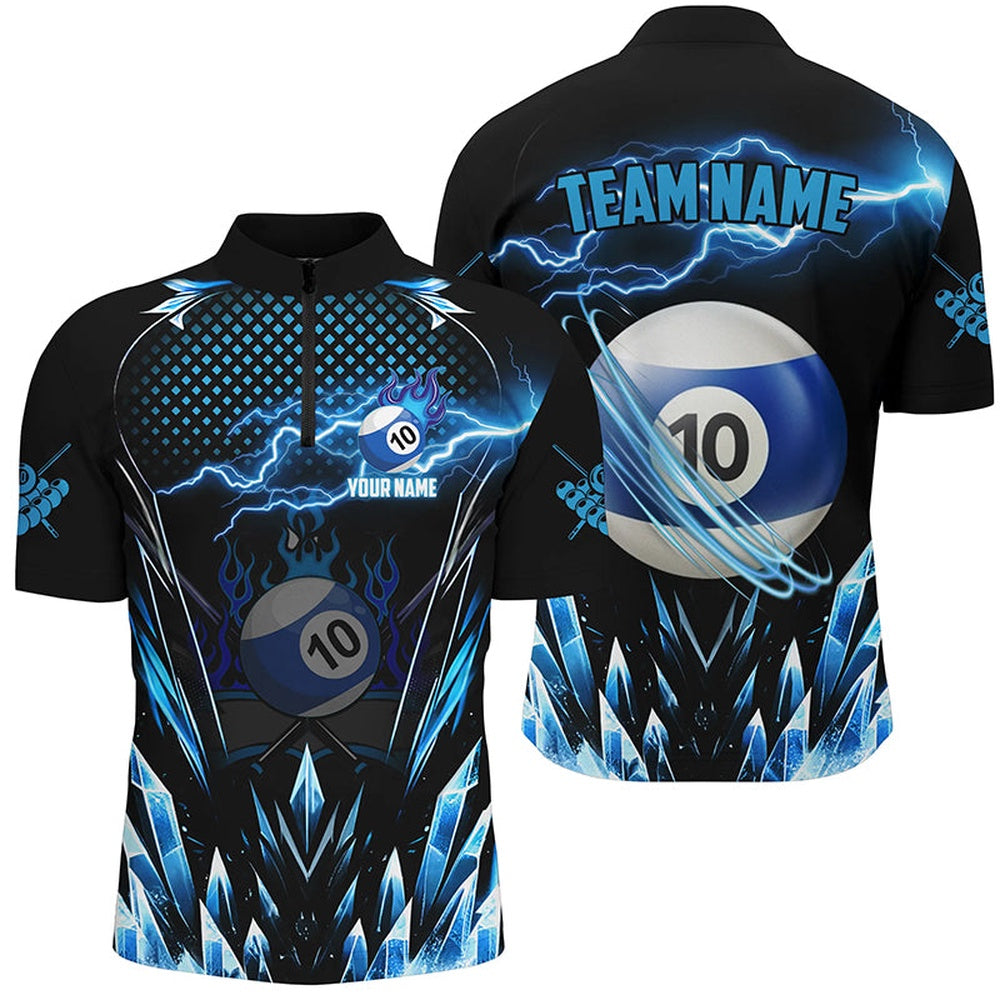 Billiard Polo Shirts, Custom Blue Icy Lightning 10 Ball Pool Polo Shirts, Billiard Team League Jersey, Billiards Team Shirts