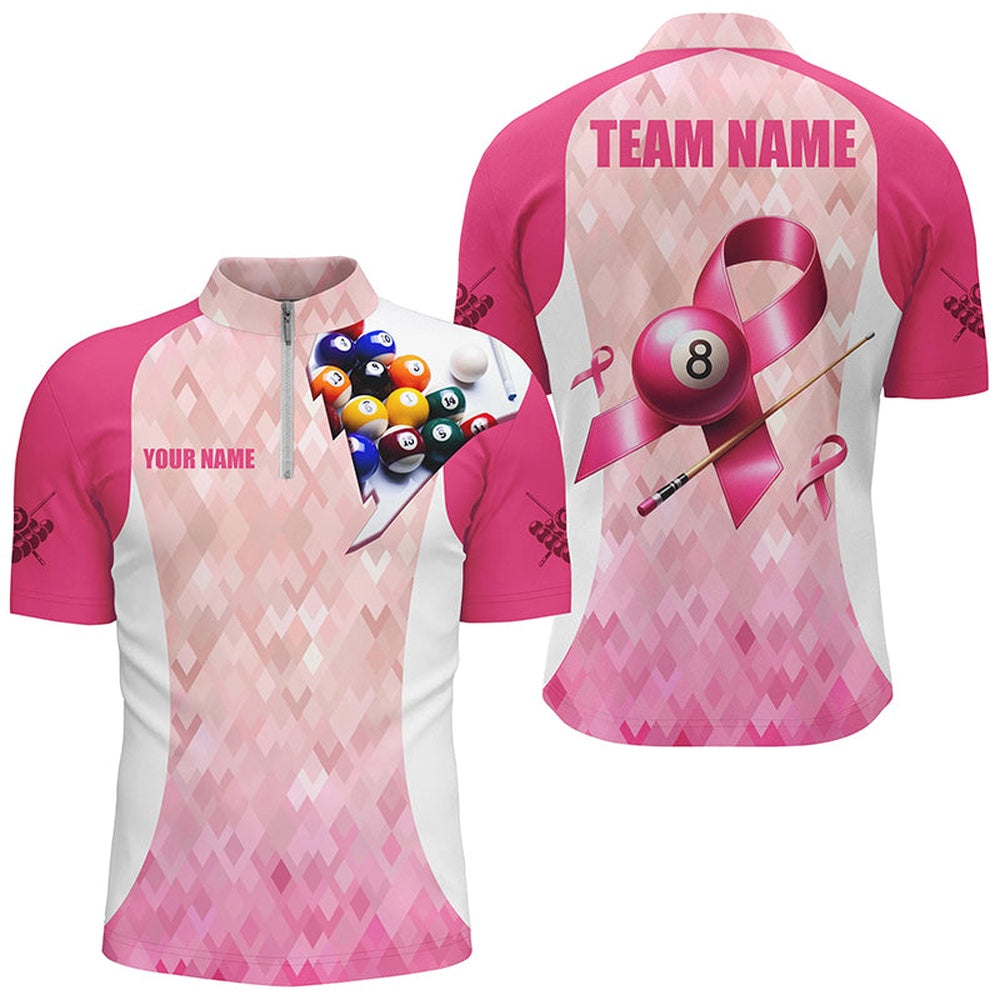 Billiard Polo Shirts, Custom Breast Cancer Pink Ribbon Billiard Shirts, Breast Cancer Awareness Billiard Jerseys, Billiards Team Shirts