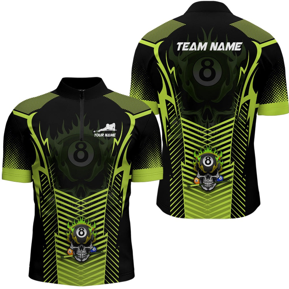 Billiard Polo Shirts, Custom Green Neon Billiard Balls 3D Skull Polo Shirts, 8 Ball Pool Jerseys Shirts, Billiards Team Shirts