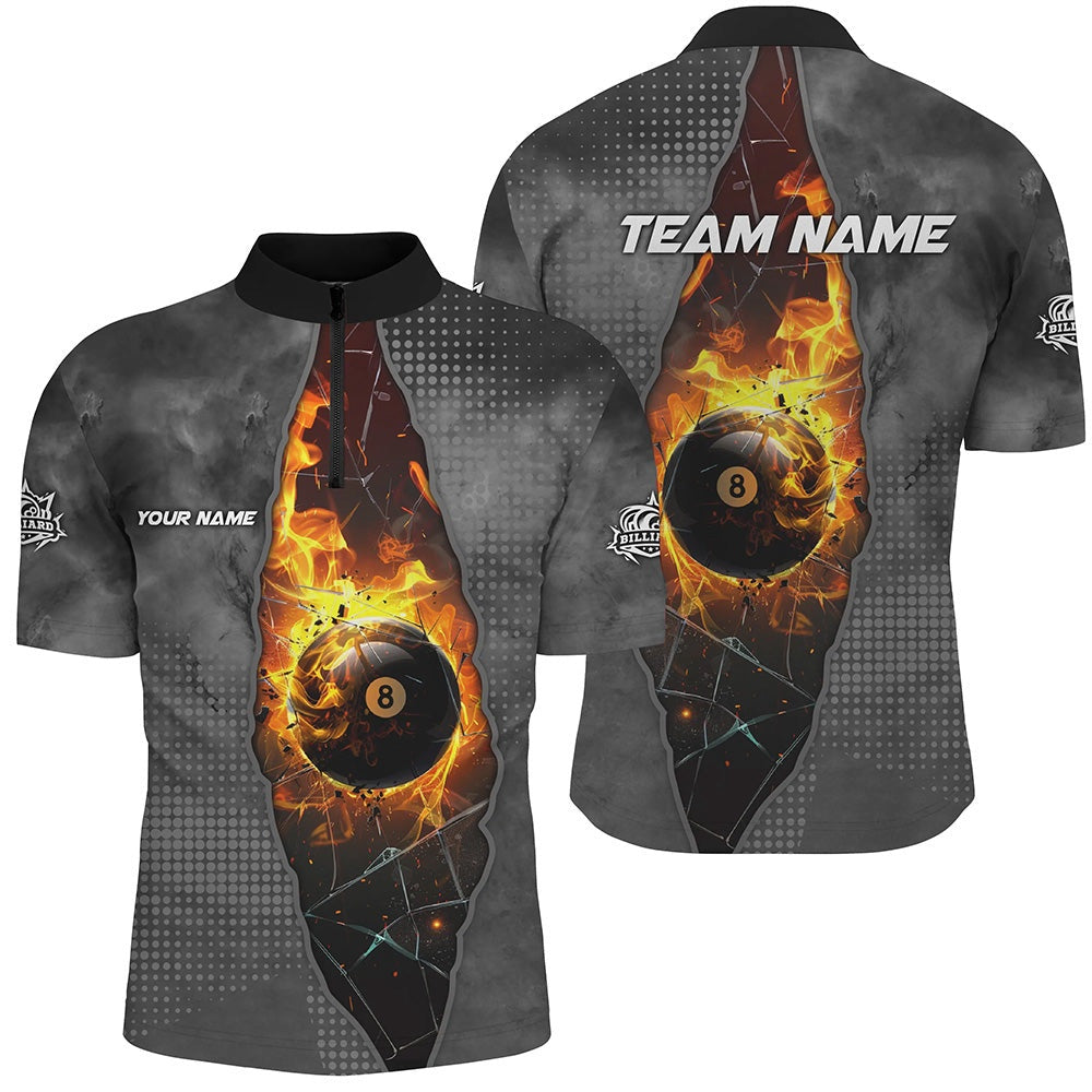 Billiard Polo Shirts, Custom Grey 8 Ball Pool Fire Break Glass 3D Printed Billiard Shirts, Billiard Apparel Attire, Billiards Team Shirts