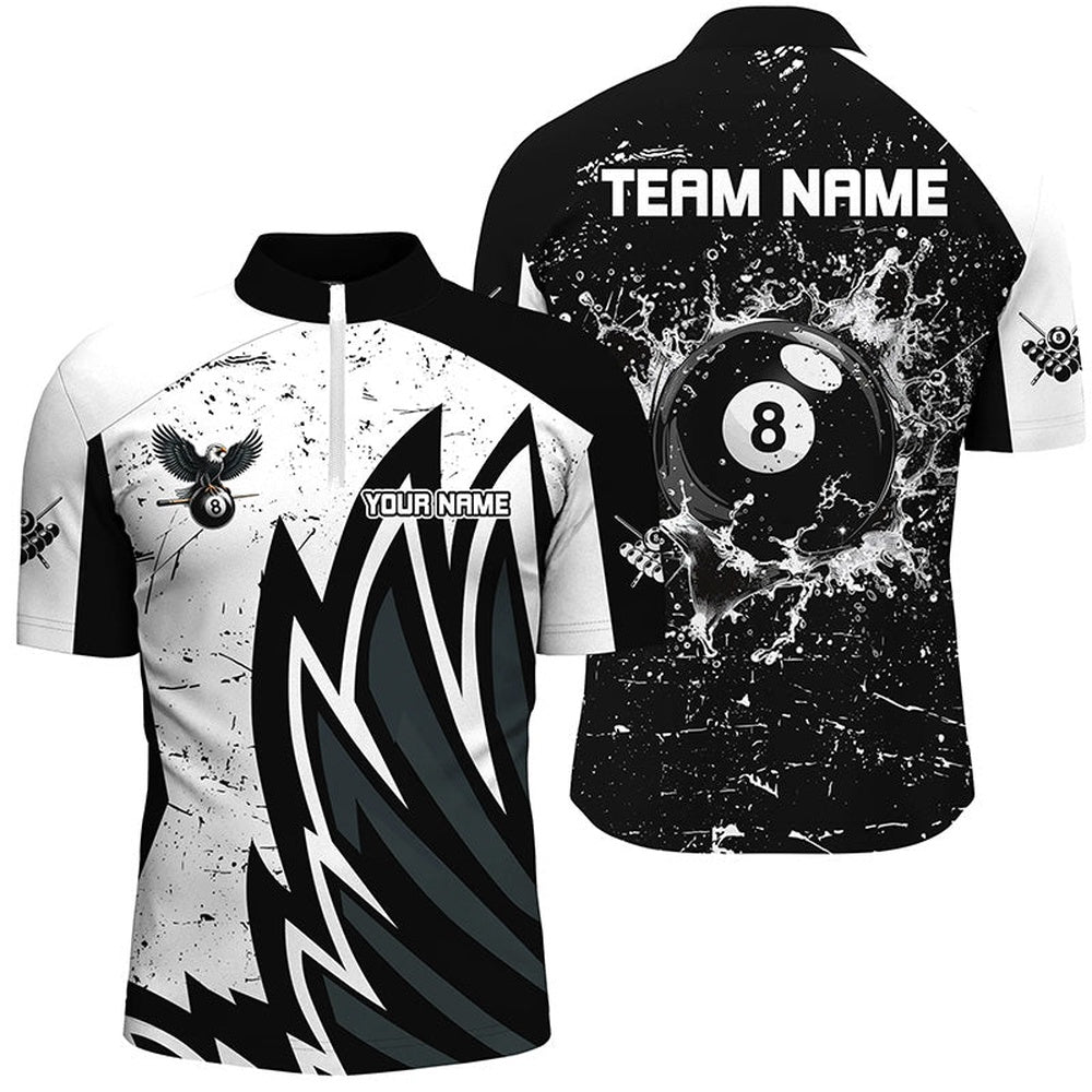 Billiard Polo Shirts, Custom Grunge Black White 8 Ball Pool In Water Billiard Shirts Custom Unique Billiard Jersey, Billiards Team Shirts
