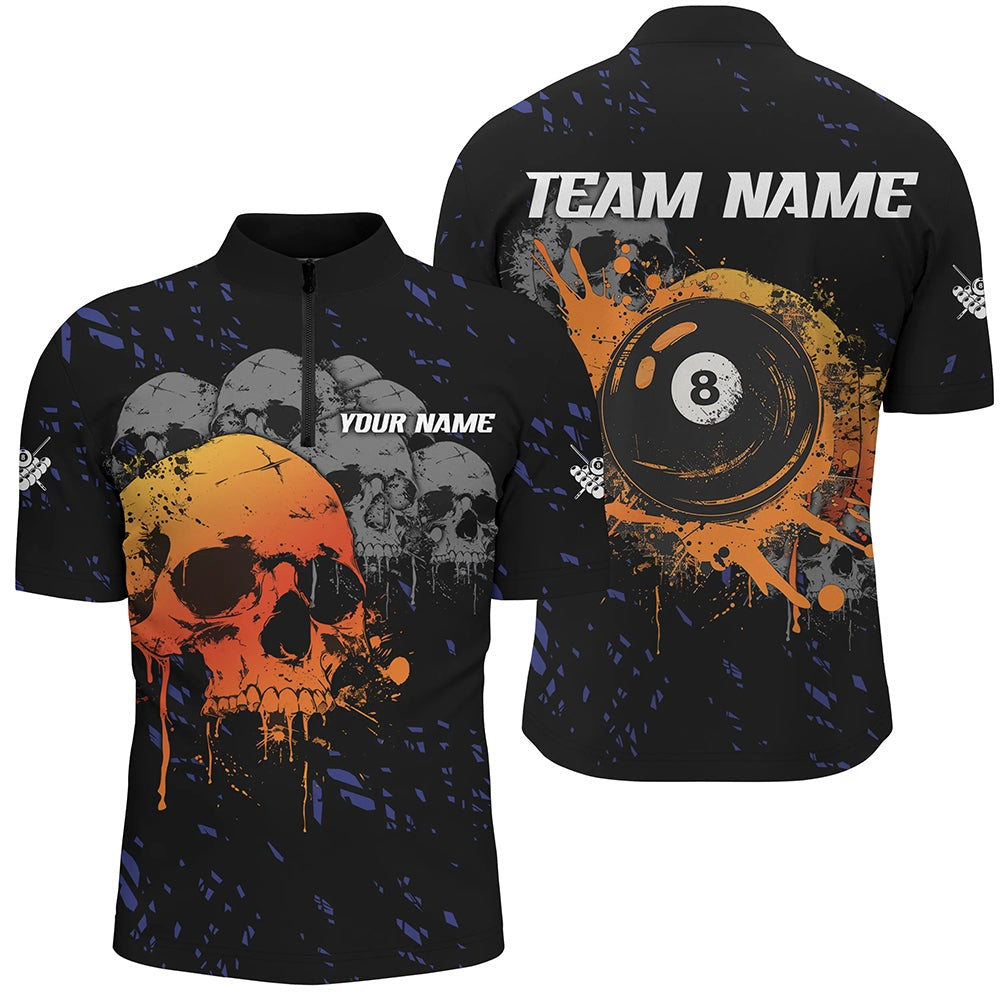 Billiard Polo Shirts, Custom Grunge Orange Skull 8 Ball Pool Billiard Polo & Polo Shirts, Pool Player Shirts, Billiards Team Shirts