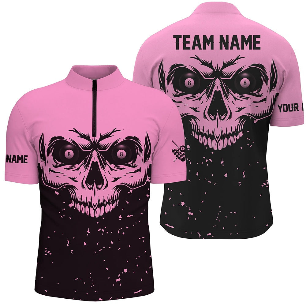 Billiard Polo Shirts, Custom Grunge Pink Black Skull Billiard Jerseys Shirts, 8 Ball Billiards Apparel Clothing, Billiards Team Shirts