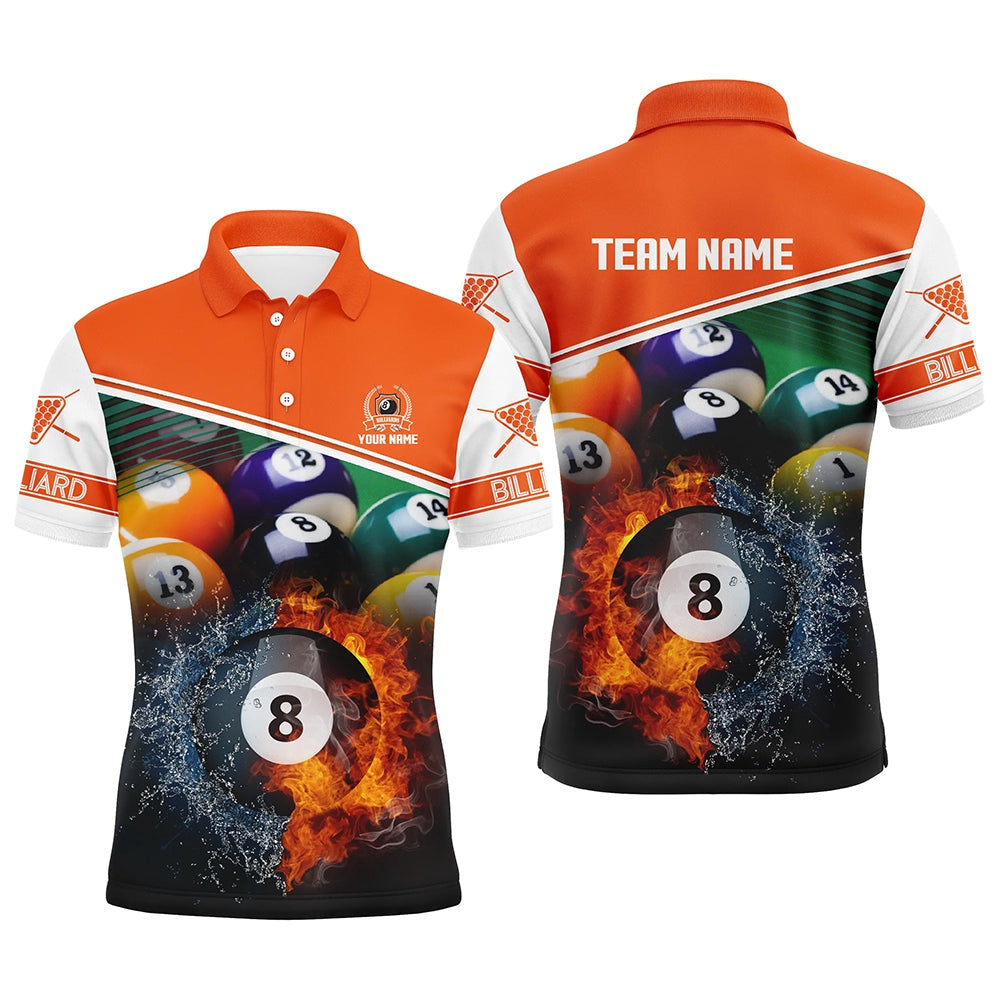 Billiard Polo Shirts, Custom Name Billiard 8 Ball In Fire And Water 3D Orange Polo Shirts, Gifts For Billiard Player, Billiards Team Shirts