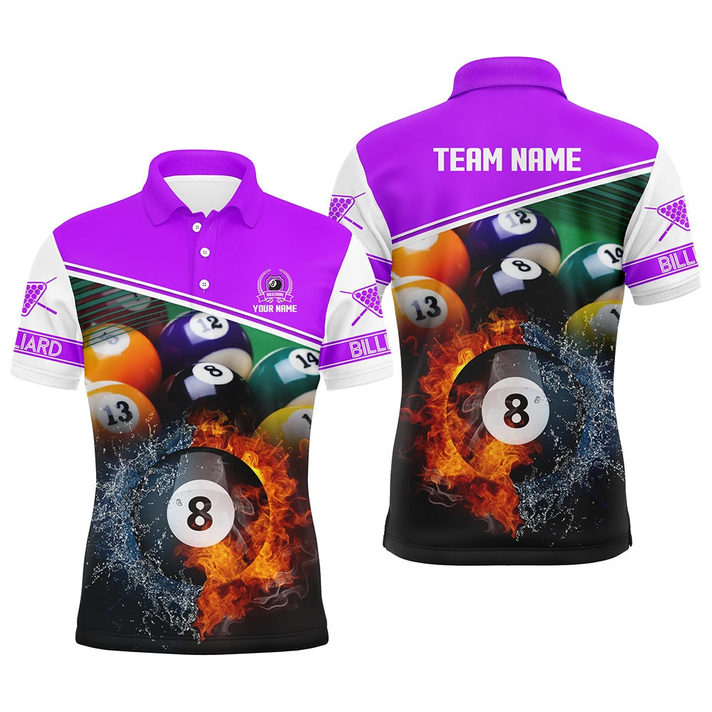 Billiard Polo Shirts, Custom Name Billiard 8 Ball In Fire And Water 3D Polo Shirts, Billiards Team Shirts