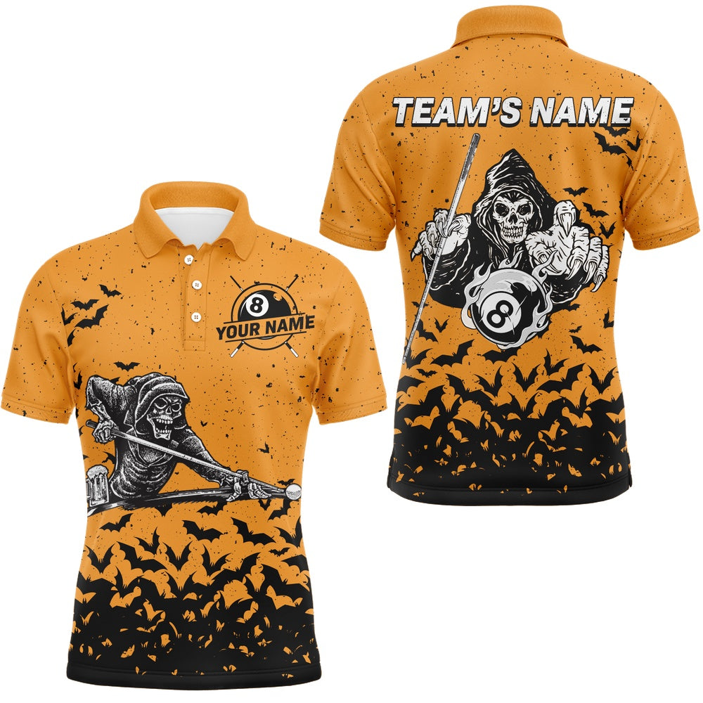 Billiard Polo Shirts, Custom Name Orange Skeleton Billiard Polo Shirts Best Halloween Billiard Gifts For Player, Billiards Team Shirts