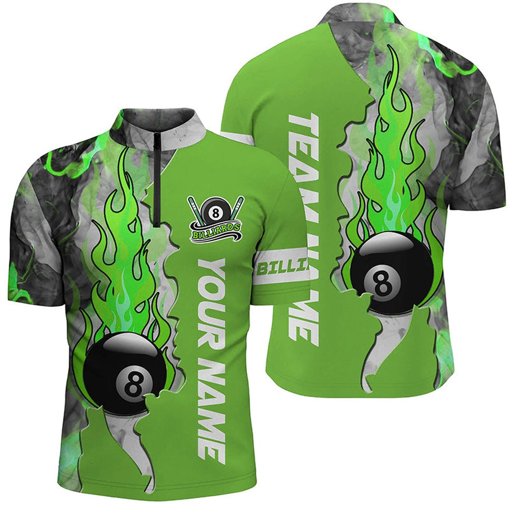 Billiard Polo Shirts, Customized 8 Ball Fire Smoke Green Billiard Polo Shirts Custom Billiard Attire, Billiards Team Shirts