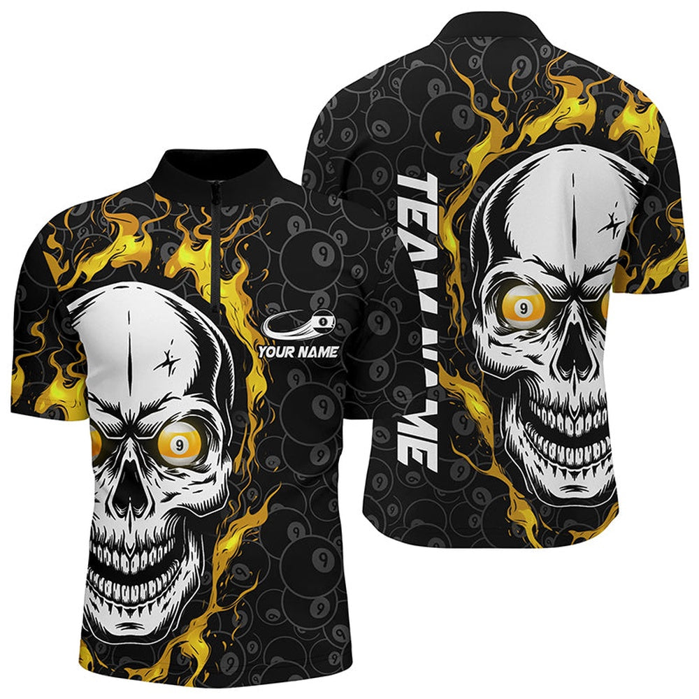 Billiard Polo Shirts, Customized 9 Ball Pool Yellow Flame Skull Billiard Polo Shirts Billiard Jerseys, Billiards Team Shirts