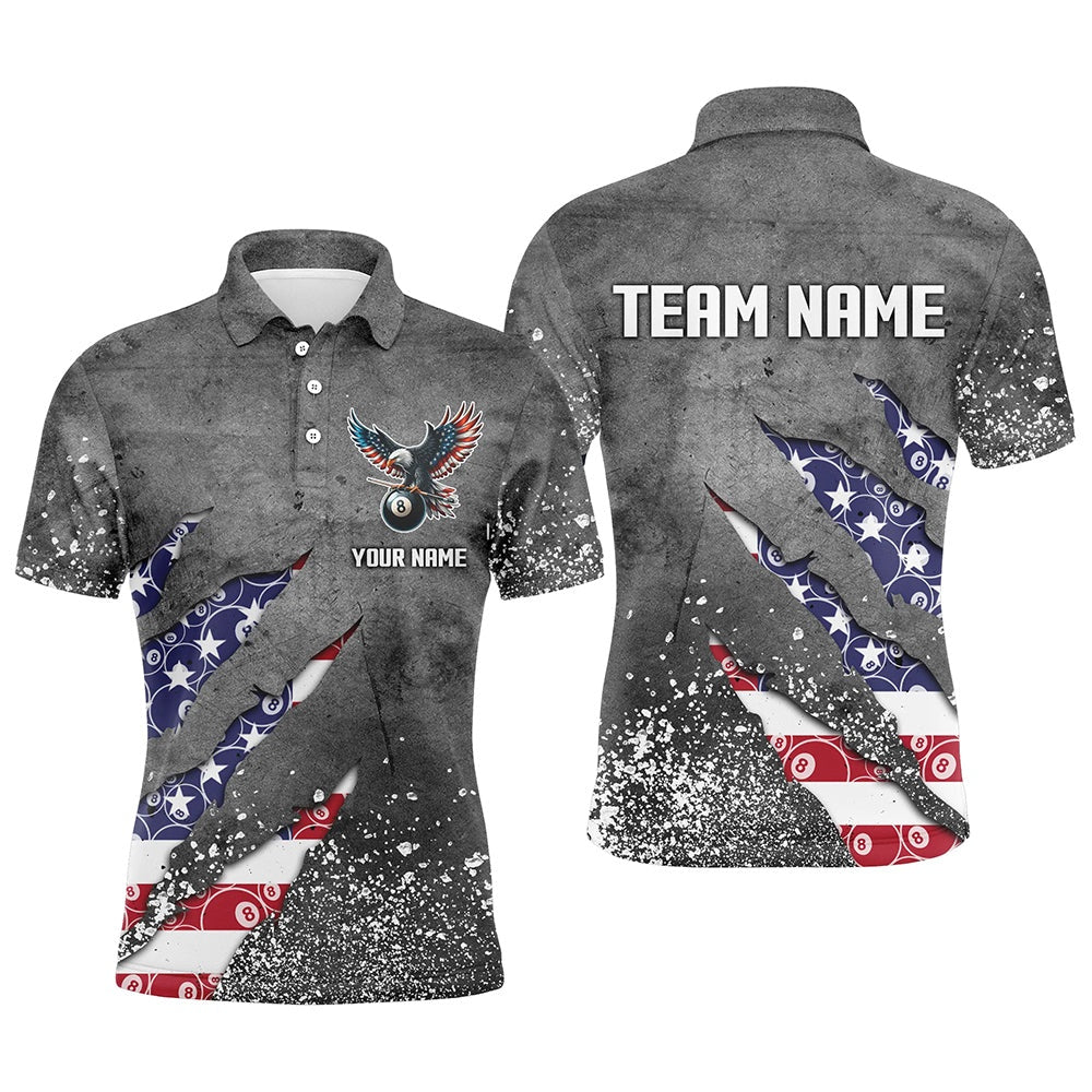 Billiard Polo Shirts, Customized Ball 8 US Flag Grey Grunge Billiard Polo Shirts Best Billiard Team Jersey, Billiards Team Shirts