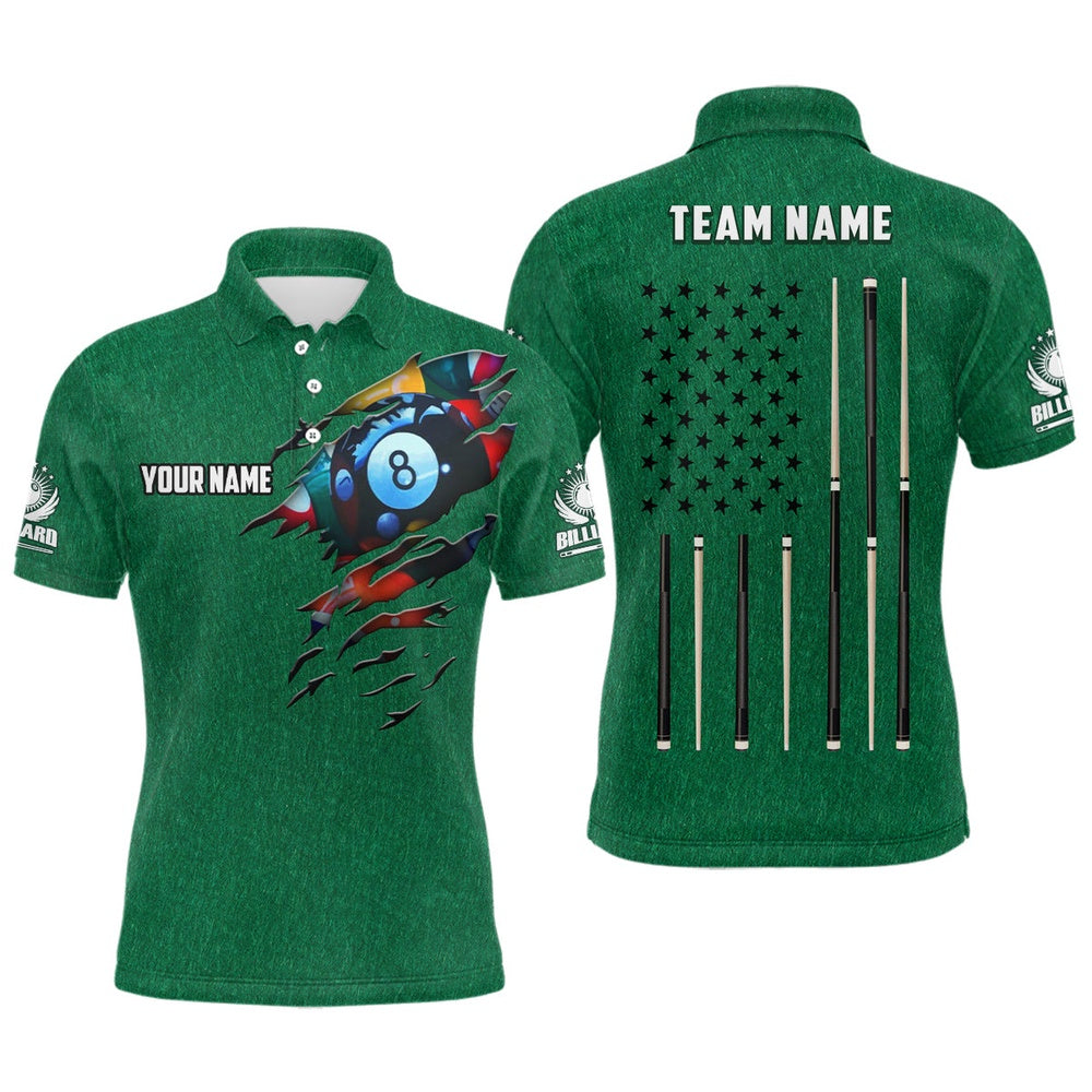 Billiard Polo Shirts, Customized Billiard Green American Flag Polo Shirts, Custom 8 Ball Unique Billiard Shirts, Billiards Team Shirts