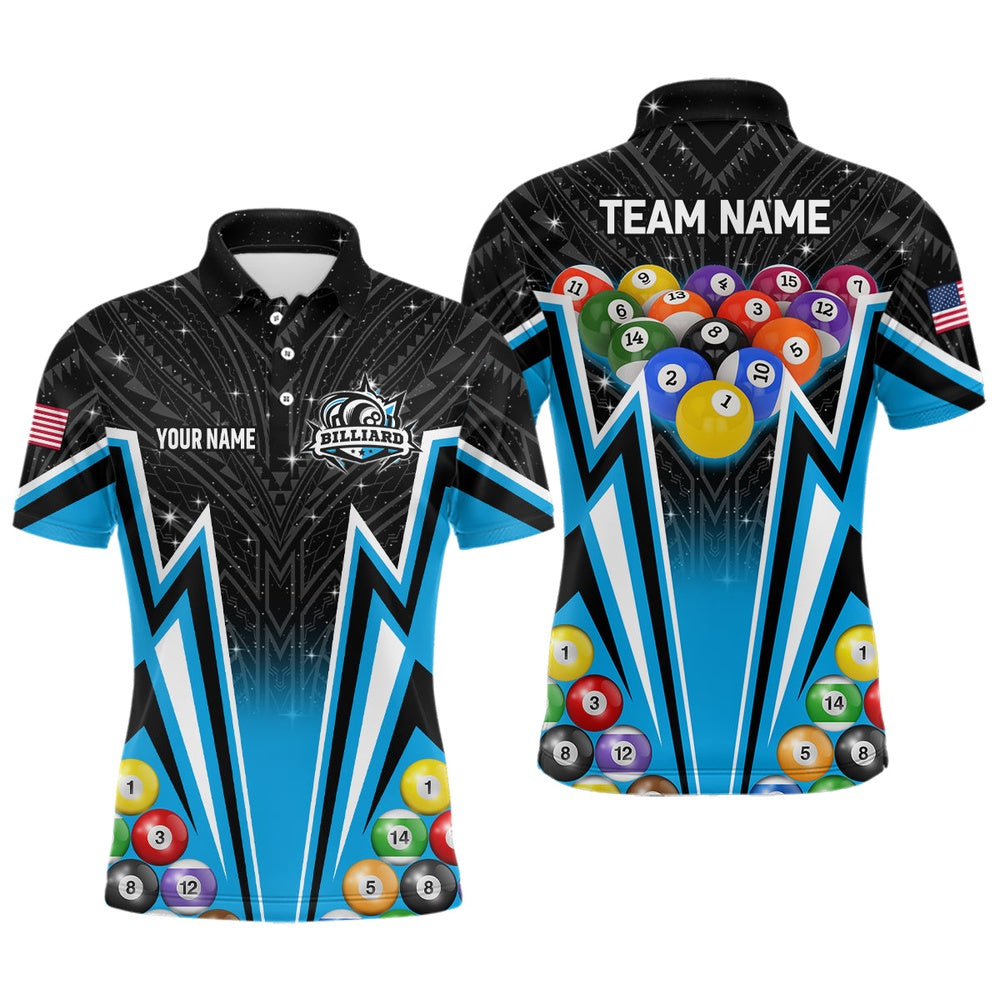 Billiard Polo Shirts, Customized Blue 3D 8 Ball Billiard Jerseys Polo Shirts, 8 Ball Pool Team League Billiard Shirts, Billiards Team Shirts