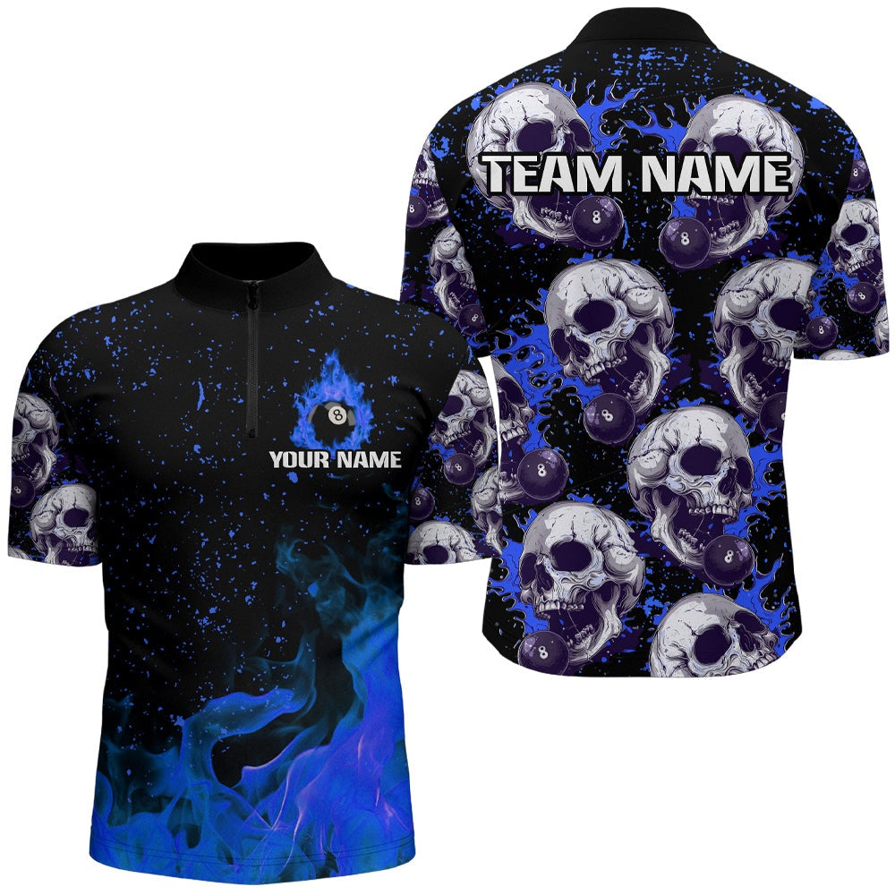 Billiard Polo Shirts, Customized Blue Billiard Skull Fire 8 Ball Polo & Polo Shirts, Grunge Pool Team Jerseys, Billiards Team Shirts