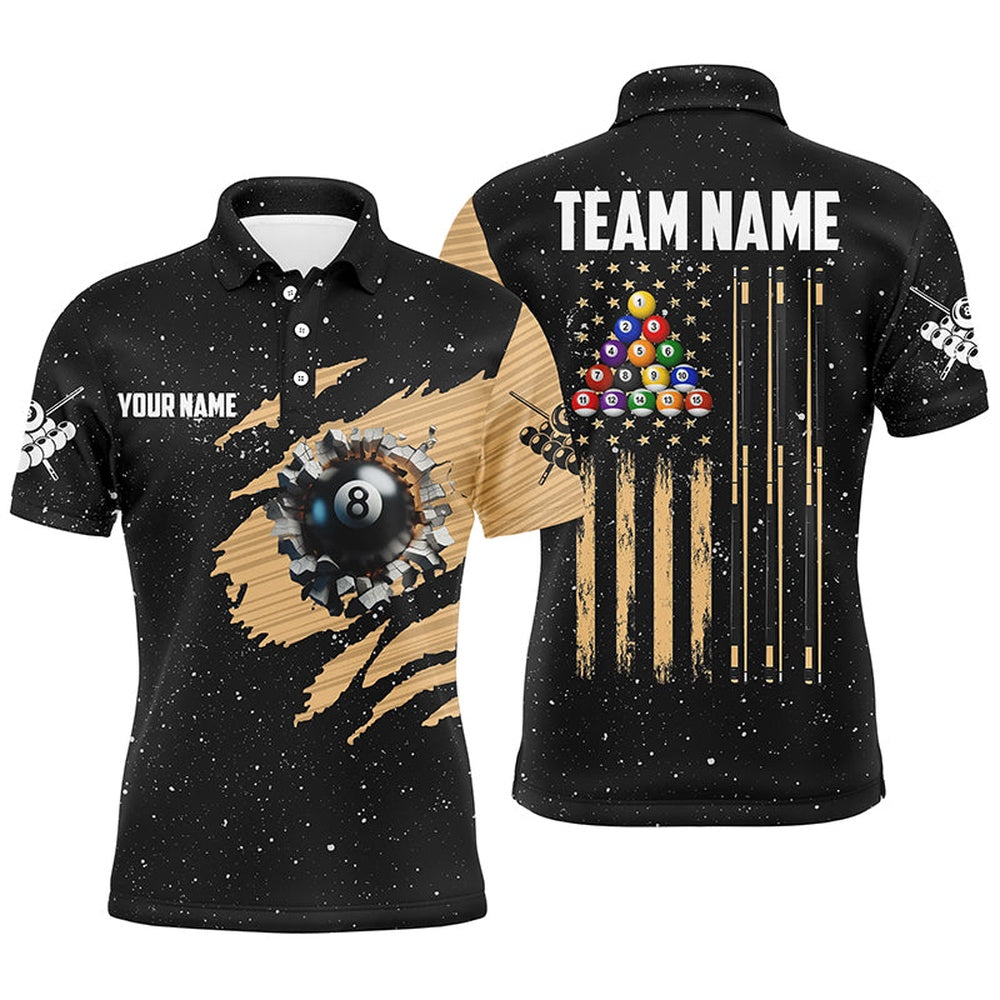 Billiard Polo Shirts, Customized Grunge American Flag 8 Ball Pool Billiard Polo Shirts, Patriotic Pool Player Shirts, Billiards Team Shirts