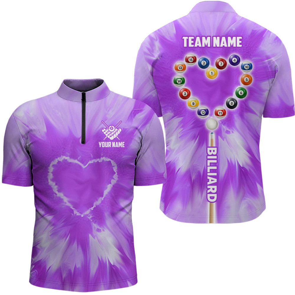Billiard Polo Shirts, Customized Purple Tie Dye Heart Billiard Polo Shirt, Unique Billiard Shirt Gift, Billiards Team Shirts