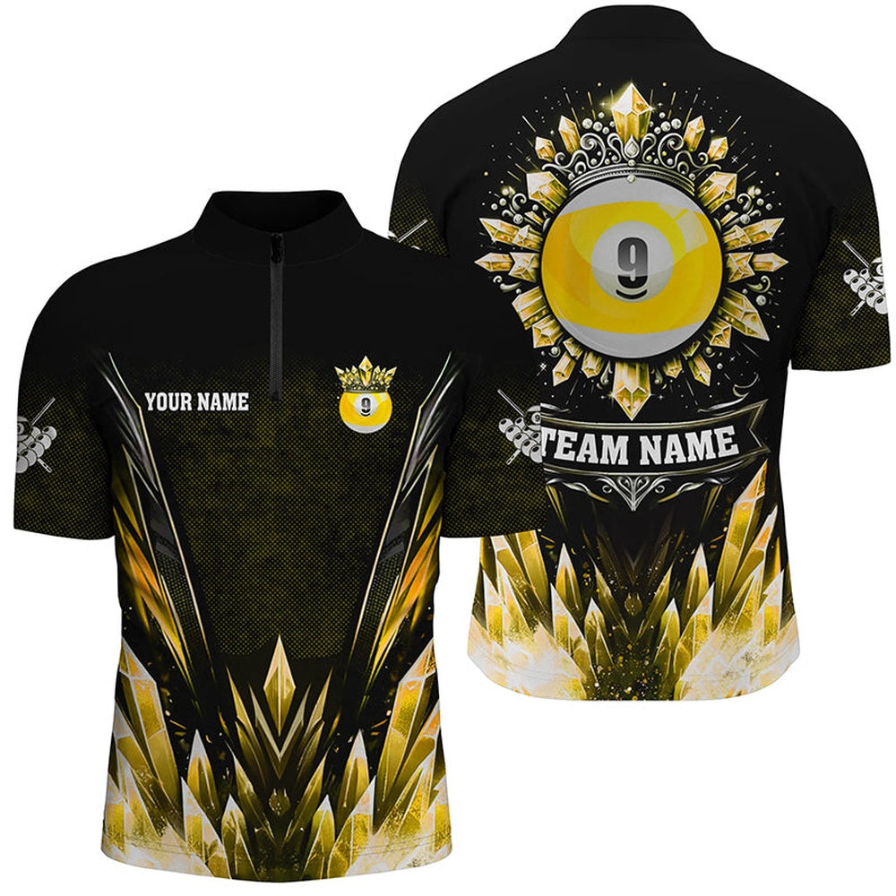 Billiard Polo Shirts, Customized Yellow Icy Funny 9 Ball Pool Crown Polo Shirt Custom Billiard Jersey, Billiards Team Shirts